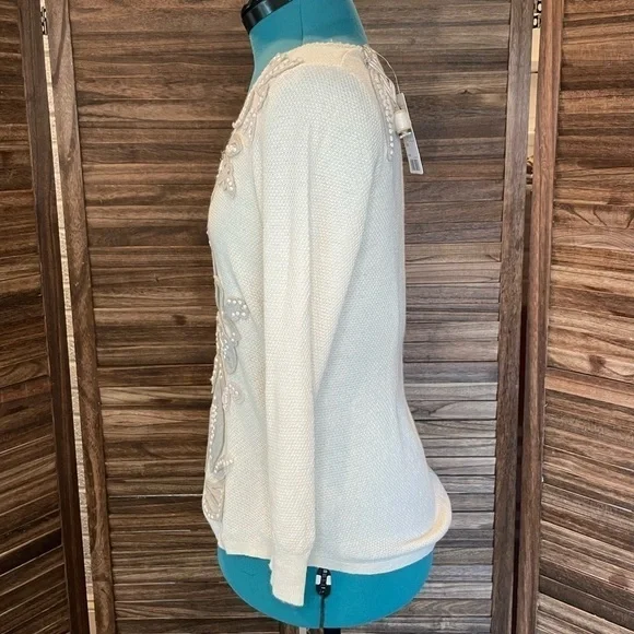 ANTHROPOLOGIE Knitted & Knotted Ivory Cardigan Felt Leaf Cashmere Cotton NWT - Picture 4 of 16